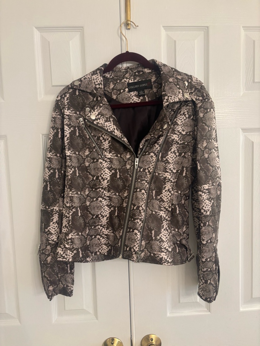 Colleen Lopez Snake-Print Moto Jacket in Gray and Black